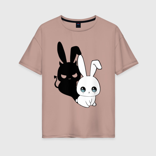 Женская футболка хлопок Oversize с принтом Милый кролик - ангелочек или дьяволёнок?, вид спереди #2
