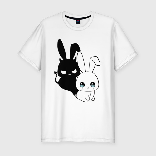 Мужская приталенная футболка из хлопка с принтом Милый кролик — ангелочек или дьяволёнок?, вид спереди №1