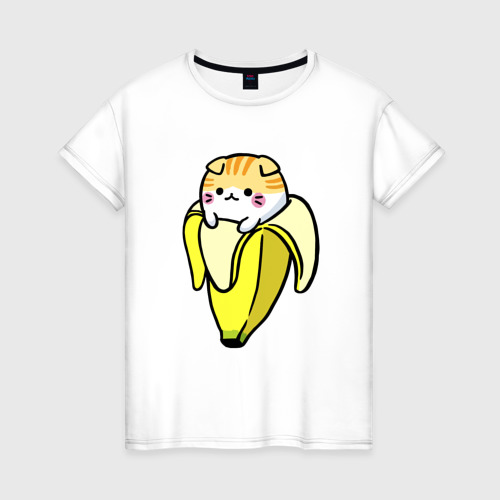 Женская футболка из хлопка с принтом Милый котик сидит в банановой кожуре, вид спереди №1