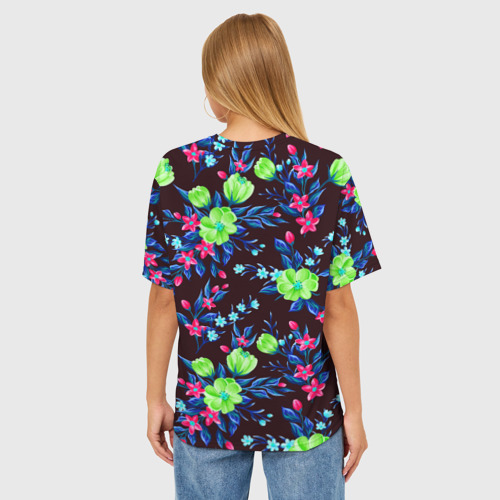 Женская футболка oversize 3D Неоновые цветы - паттерн, цвет 3D печать - фото 4