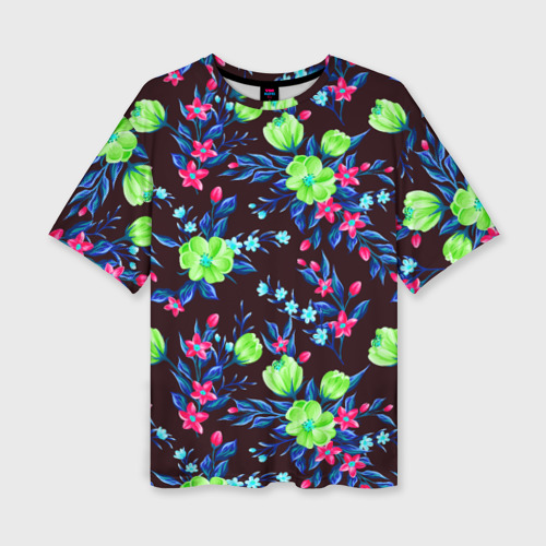 Женская футболка oversize 3D Неоновые цветы - паттерн, цвет 3D печать