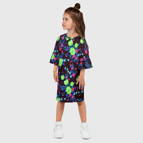 Детское платье 3D Неоновые цветы - паттерн, цвет 3D печать - фото 3