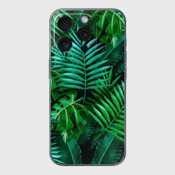 Чехол для iPhone 15 Pro Max силиконовый с защитой камеры Тропические растения - текстура