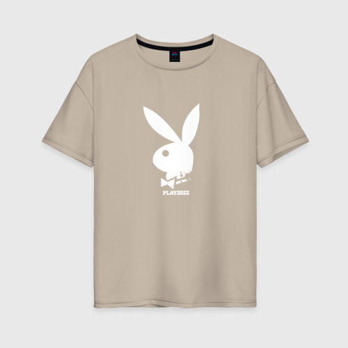 Женская футболка хлопок Oversize с принтом Черный кролик с надписью play2023, вид спереди #2