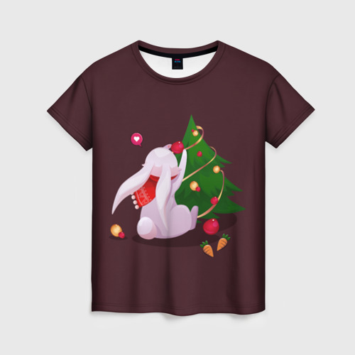 Женская футболка 3D с принтом Милый новогодний кролик 2023, вид спереди #2