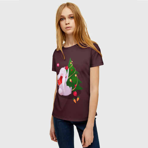 Женская футболка 3D с принтом Милый новогодний кролик 2023, фото на моделе #1