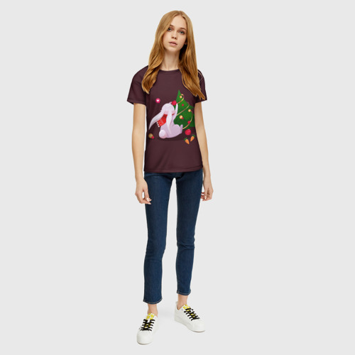 Женская футболка 3D с принтом Милый новогодний кролик 2023, вид сбоку #3