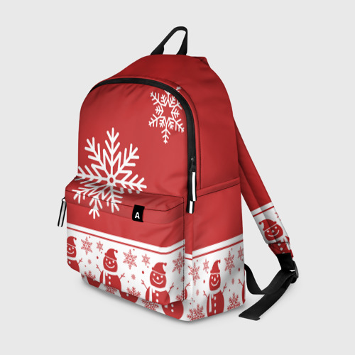 Рюкзак 3D с принтом Снеговики в снежинках, вид спереди #2