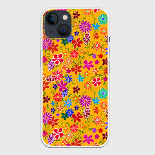 Чехол для iPhone 14 Plus с принтом Нарисованные цветы - орнамент, вид спереди №1