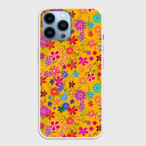 Чехол для iPhone 14 Pro Max с принтом Нарисованные цветы - орнамент, вид спереди №1