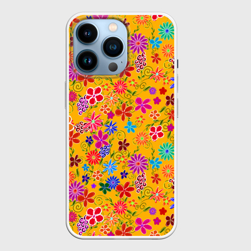 Чехол для iPhone 14 Pro с принтом Нарисованные цветы - орнамент, вид спереди №1