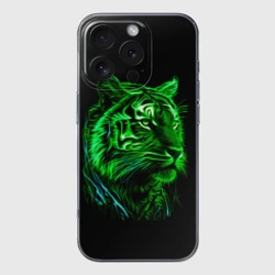 Чехол для iPhone 16 Pro Max силиконовый с защитой камеры Нейросеть: неоновый зелёный тигр