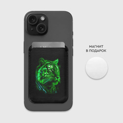 Картхолдер Magsafe магнитный Нейросеть: неоновый зелёный тигр - фото 2