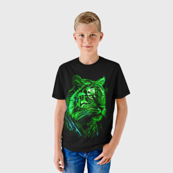 Детская футболка 3D Нейросеть: неоновый зелёный тигр - фото 2