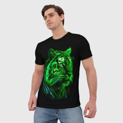 Мужская футболка 3D Нейросеть: неоновый зелёный тигр - фото 2