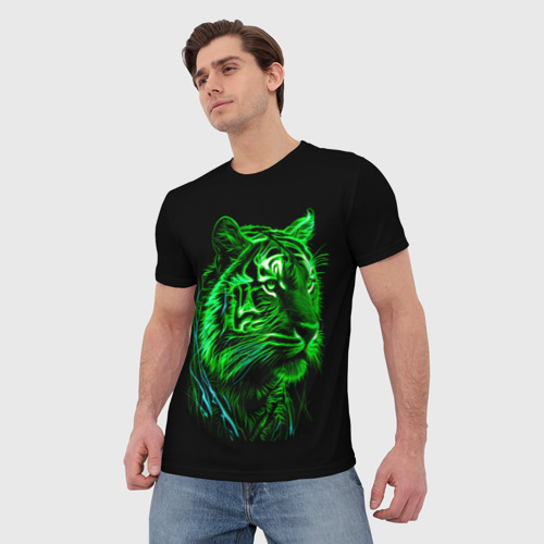 Мужская футболка 3D Нейросеть: неоновый зелёный тигр, цвет 3D печать - фото 3