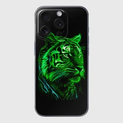 Чехол для iPhone 15 Pro силиконовый с защитой камеры Нейросеть: неоновый зелёный тигр