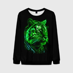 Мужской свитшот 3D Нейросеть: неоновый зелёный тигр