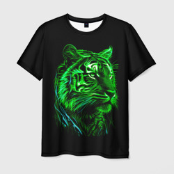 Мужская футболка 3D Нейросеть: неоновый зелёный тигр