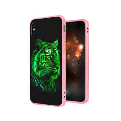 Чехол для iPhone X матовый Нейросеть: неоновый зелёный тигр - фото 2