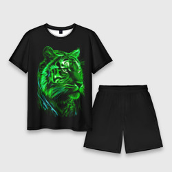 Мужской костюм с шортами 3D Нейросеть: неоновый зелёный тигр