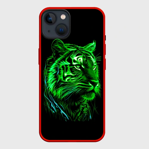 Чехол для iPhone 14 Нейросеть: неоновый зелёный тигр