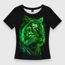 Женская футболка 3D Slim Нейросеть: неоновый зелёный тигр
