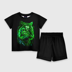 Детский костюм с шортами 3D Нейросеть: неоновый зелёный тигр