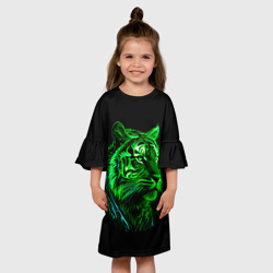 Детское платье 3D Нейросеть: неоновый зелёный тигр - фото 2