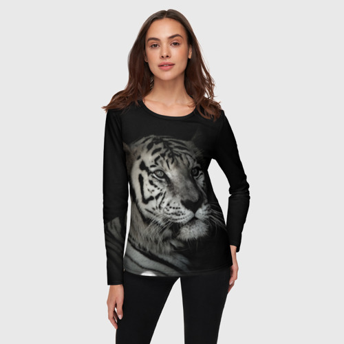 Женский лонгслив 3D с принтом Бeлый тигр, фото на моделе #1