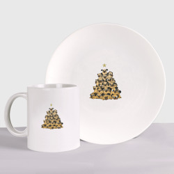 Набор: тарелка + кружка Новогодняя елка из мопсов