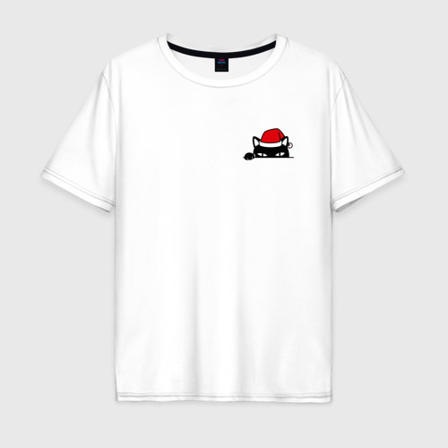 Мужская футболка из хлопка оверсайз с принтом Новогодний кот в кармане, вид спереди №1