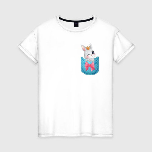 Женская футболка хлопок с принтом Зайка в кармане, вид спереди #2