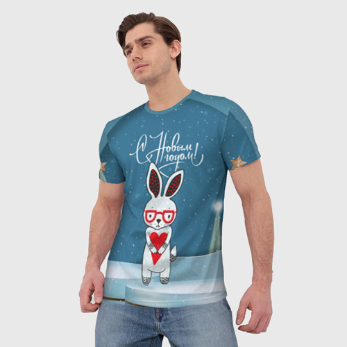 Мужская футболка 3D с принтом С новым годом!  зайчик с средечком, фото на моделе #1