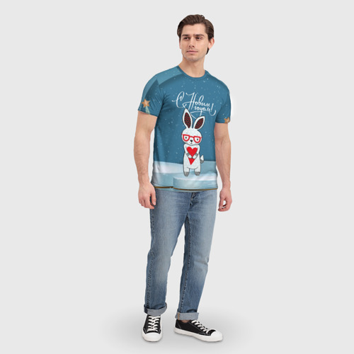 Мужская футболка 3D с принтом С новым годом!  зайчик с средечком, вид сбоку #3