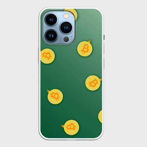 Чехол для iPhone 14 Pro с принтом Елочное украшение биткоин, вид спереди №1