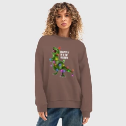 Женский свитшот oversize без начеса хлопок Новогодний динозавр елочка гори - фото 2