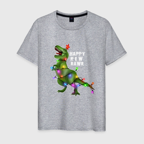 Мужская футболка хлопок Новогодний динозавр елочка гори, цвет меланж