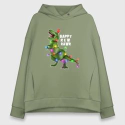 Женское худи Oversize хлопок Новогодний динозавр елочка гори