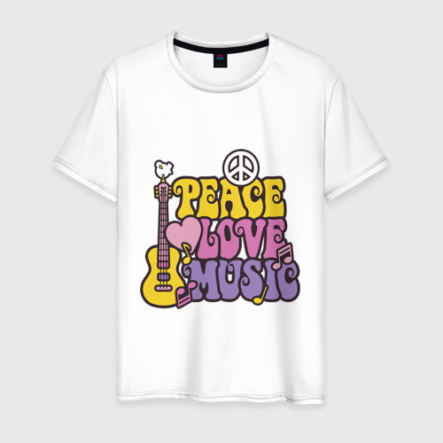 Мужская футболка из хлопка с принтом Мир любовь и музыка, вид спереди №1
