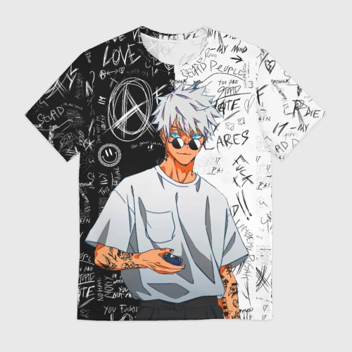 Мужская футболка 3D с принтом Сатору Годжо в очках - магическая битва, вид спереди #2