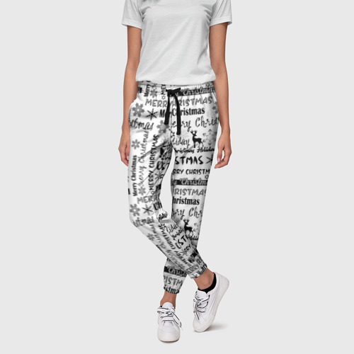 Женские брюки 3D с принтом Черно белый рождественский текстовый узор, фото на моделе #1