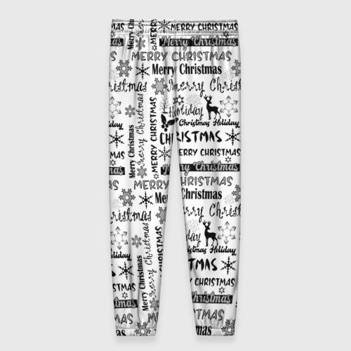 Женские брюки 3D с принтом Черно белый рождественский текстовый узор, вид сзади #1