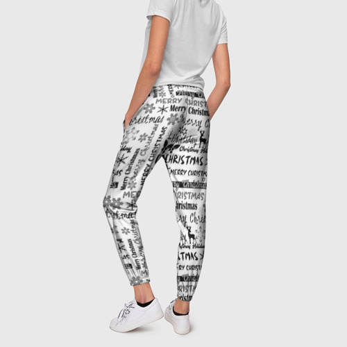 Женские брюки 3D с принтом Черно белый рождественский текстовый узор, вид сзади #2