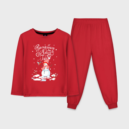 Детская пижама с лонгсливом хлопок Новогодний снеговик, цвет красный