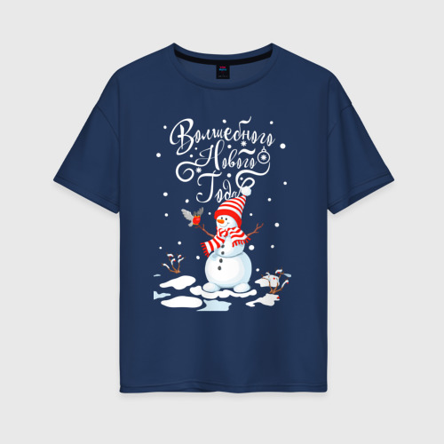 Женская футболка хлопок Oversize Новогодний снеговик, цвет темно-синий