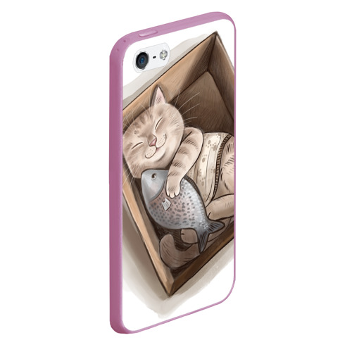 Чехол для iPhone 5/5S матовый Кот и любимая рыба, цвет розовый - фото 3
