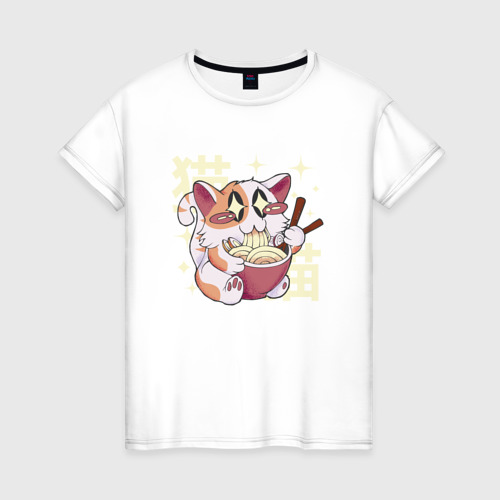 Женская футболка из хлопка с принтом Каваи кот и Рамен, вид спереди №1