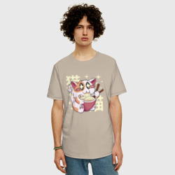 Мужская футболка хлопок Oversize Каваи кот и Рамен - фото 2