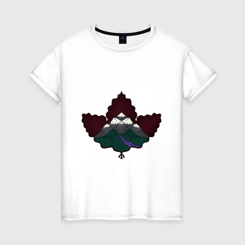 Женская футболка из хлопка с принтом Горы в листьях, вид спереди №1